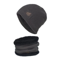 Deep grey winter knit hat and neck warmer set with warm fleece lining and leaf patch - Gray