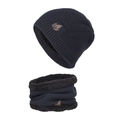 Navy blue winter knitted beanie and neck warmer set with warm plush lining and leaf patch - Navy Blue