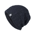 Dark blue chunky cable knit beanie hat with white five-point star tag and thick warm design - Navy Blue