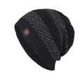 Black and grey marl knitted beanie hat featuring a red snowflake label for winter warmth - Black