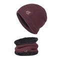 Burgundy winter knit beanie and neck warmer set with fleece lining and leaf pattern - Burgundy