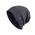 Winter fleece-lined knit beanie with metal logo and warm herringbone textured pattern - Navy Blue