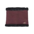 Burgundy knitted neck warmer with black faux fur trim and leaf pattern leather patch - Burgundy