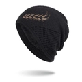 Bonnet en tricot noir avec broderie de blé brun et doublure en polaire chaude d'hiver - Noir