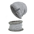Set berretto e scaldacollo in maglia grigia con fodera in pile e etichetta decorativa - Grigio (Set)