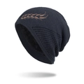 Bonnet en tricot bleu marine d'hiver avec doublure polaire et broderie d'épis de blé - Bleu Marine