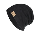 Schwarze Strickmütze mit hochwertigem braunem Lederpatch und modischen Metallnieten - Schwarz