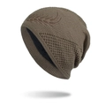 Bonnet en maille marron foncé avec broderie plume et doublure polaire pour l'hiver - Khaki