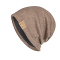 Winter knitted beanie in brown cashmere-like fabric with a stylish leather fashion label - Khaki