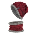 Set berretto e scaldacollo in maglia a righe rosse e nere con calda fodera in pile - Rosso Vino (Set)