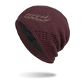 Dark burgundy knit beanie with wheat embroidery and thick black fleece lining - Burgundy