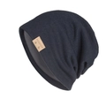 Winter knitted navy blue beanie with fashion leather patch and soft inner lining - Navy Blue