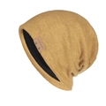 Ginger yellow knitted beanie with warm black lining and fashion leather label - Turmeric