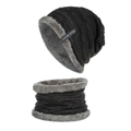 Winter set with black knitted beanie hat and grey fleece neck warmer with logo - Black (Set)