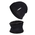 Winter black knit hat and neck warmer set with thick fleece lining for warmth - Black (Set)