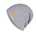 Grey knit cashmere-style beanie with brown leather fashion label and metal rivets - Light Gray