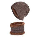 Ensemble bonnet et tour de cou en tricot marron foncé avec doublure chaude en fausse fourrure - Khaki (Ensemble)