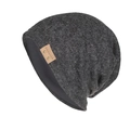 Dunkelgraue Strickmütze mit braunem Lederpatch, Fashion-Aufdruck und Metallnieten - Dunkelgrau