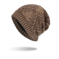 Winter warm knitted beanie in brown with diamond jacquard pattern and thick fleece lining - Khaki