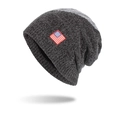 Dark grey chenille knit beanie featuring a classic American flag patch design - Gray