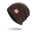 Dark brown chenille knit beanie with American flag patch for winter warmth - Coffee