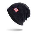 Winter chenille knit beanie in navy and grey with a US flag patch and warm fleece lining - Navy Blue