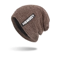 Deep brown chenille knit beanie with fleece lining and HSWBOY branded rectangular label - Khaki