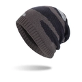 Winter striped knit beanie in dark grey, light grey, and navy blue wool with ribbed cuff - Gray