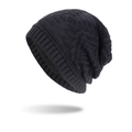 Winter navy blue knit beanie with diamond texture and warm fleece lining - Navy Blue