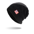 Black knit chenille beanie hat with American flag patch for winter warmth - Black and Gray