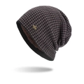 Winter houndstooth knit beanie in black and brown with warm fleece lining and metal H badge - Coffee
