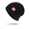 Chenille knit beanie with USA flag patch in black and burgundy color block design - Black Red