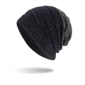Thick chenille beanie in dark and medium grey stripes with warm fleece lining - Fleece Lined Style / Navy Blue