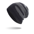 Winter knitted striped beanie hat in black and grey tones for warmth and style - Navy Blue