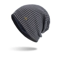 Winter beanie with grey houndstooth knit pattern and warm navy fleece lining - Fleece Lined Houndstooth (Navy Blue) / Navy Blue