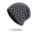 Bonnet en tricot à motif à carreaux noir et gris avec doublure polaire bleue pour l'hiver - Bleu Marine
