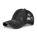 Vintage gewaschene schwarze Trucker-Cap mit elastischem Pferdeschwanz-Loch und Mesh - Schwarz