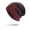 Slouchy knit beanie with navy blue, grey, and deep red striped color block design - Burgundy