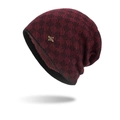 Bonnet d'hiver en maille mélangée bordeaux et noir avec une plaque dorée en métal - Bordeaux
