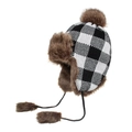 Winter buffalo plaid trapper hat with warm brown faux fur lining and ear flaps - Black