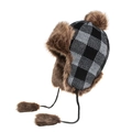 Plaid winter trapper hat with brown faux fur lining and plush pompom details - Gray