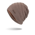 Winter knitted beanie in coffee brown color with warm fleece lining and logo patch - Khaki