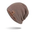 Brown knitted beanie hat with plush faux fur lining and leather logo patch - Khaki