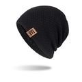 Men's black knitted beanie with warm fleece lining and a brown leather logo patch - Black