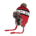 Red knit earflap hat with gray faux fur trim and snowflake pattern for winter warmth - Red