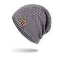 Grey knitted thermal beanie with waffle texture and warm faux fur lining and leather patch - Gray