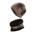Brown checkered winter knit beanie and neck warmer set with warm plush lining - Khaki