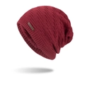 Men's dark red knitted beanie with thick thermal fleece lining and leather label detail - Burgundy