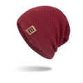 Winter wine red knitted beanie with thick fleece lining and leather logo patch - Burgundy