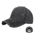 Gorra de béisbol de mezclilla negra desgastada con abertura elástica para coleta alta - Negro